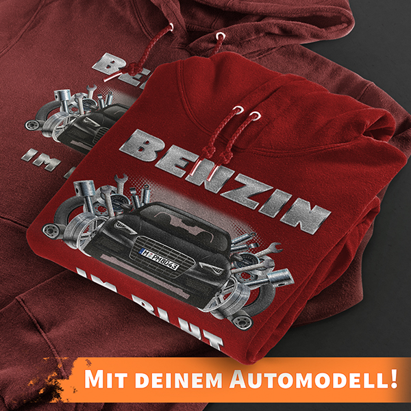 Hoodie Design mit Autosilhouette Rot-3XL Benzin im Blut mit deinem Automodell und Kennzeichen! Kapuzenpullover Pullover Sweatshirt Geschenk Freund Paa