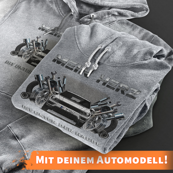 Hoodie Design mit Autosilhouette Grau-XXL Mein Herz ist unter der Haube mit deinem Automodell und Kennzeichen! Kapuzenpullover Pullover Sweatshirt Ges