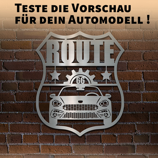 Persönliche Wanddekoration-Route-66 Chrom-XXL mit deinem Auto u. Kennzeichen mit dem Fahrzeug unten. - auto4style