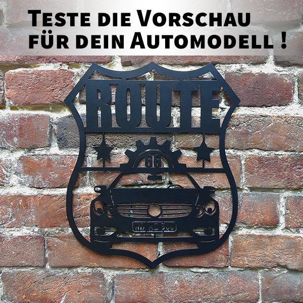 Persönliche Wanddekoration-Route-66 Schwarz-M mit deinem Auto u. Kennzeichen mit dem Fahrzeug unten. - auto4style