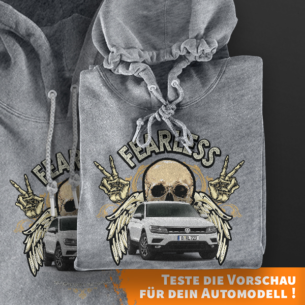 Hoodie Design mit Autosilhouette Grau-5XL Fearless mit deinem Automodell und Kennzeichen! Kapuzenpullover Pullover Sweatshirt Geschenk Freund Paarpull