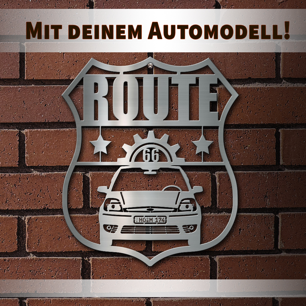 Persönliche Wanddekoration-Route-66 Chrom-L mit deinem Auto u. Kennzeichen mit dem Fahrzeug unten. - auto4style