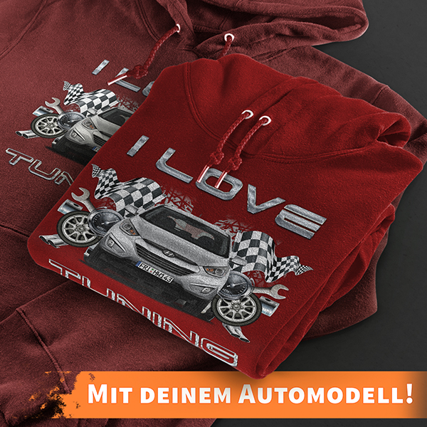 Hoodie Design mit Autosilhouette Rot-XS I love Tuning mit deinem Automodell und Kennzeichen! Kapuzenpullover Pullover Sweatshirt Geschenk Freund Paarp