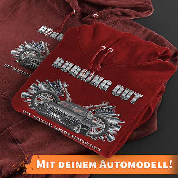 Hoodie Design mit Autosilhouette Rot-XS Burning out ist meine Leidenschaft mit deinem Automodell und Kennzeichen! Kapuzenpullover Pullover Sweatshirt
