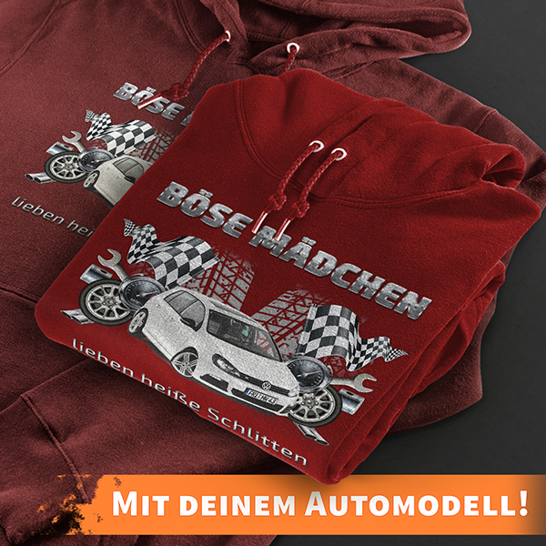 Hoodie Design mit Autosilhouette Rot-XS Böse Mädchen lieben heiße Schlitten mit deinem Automodell und Kennzeichen! Kapuzenpullover Pullover Sweatshirt