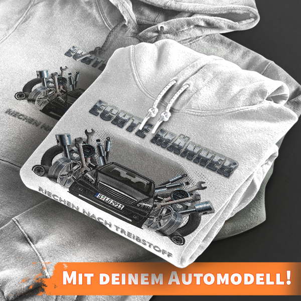 Hoodie Design mit Autosilhouette Weiß-4XL Echte Männer riechen nach Treibstoff mit deinem Automodell und Kennzeichen! Kapuzenpullover Pullover Sweatsh