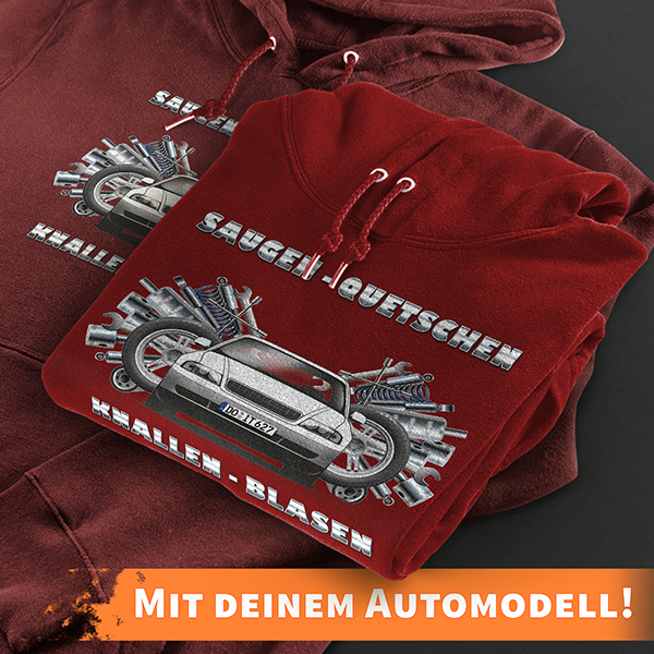 Hoodie Design mit Autosilhouette Rot-XS Saugen Quetschen Knallen Blasen mit deinem Automodell und Kennzeichen! Kapuzenpullover Pullover Sweatshirt Ges