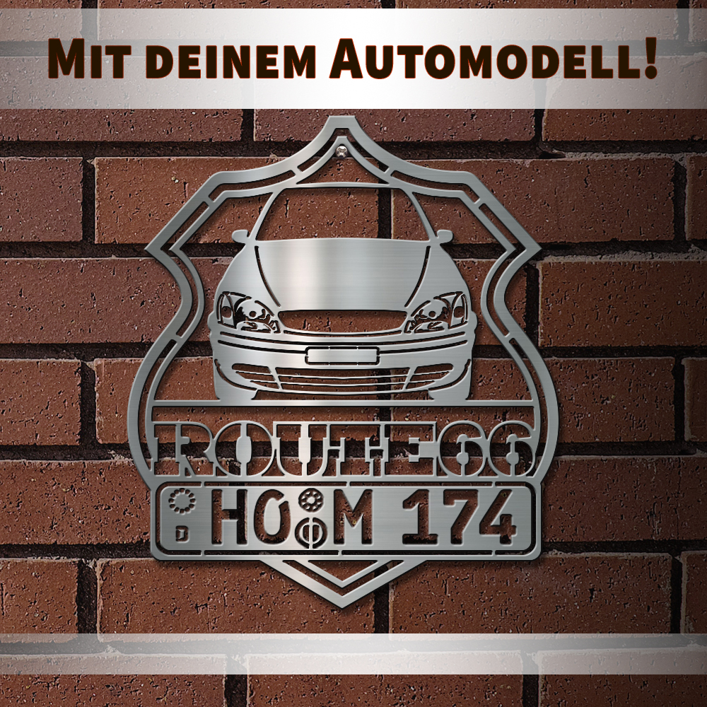 Persönliche Wanddekoration-Route-66 Chrom-L mit deinem Auto u. Kennzeichen mit dem Fahrzeug oben. - auto4style