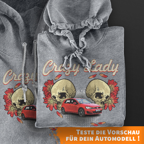 Hoodie Design mit Autosilhouette Grau-4XL Crazy Lady mit deinem Automodell und Kennzeichen! Kapuzenpullover Pullover Sweatshirt Geschenk Freund Paarpu