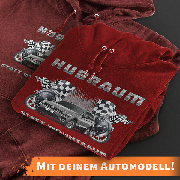 Hoodie Design mit Autosilhouette Rot-3XL Hubraum statt Wohntraum mit deinem Automodell und Kennzeichen! Kapuzenpullover Pullover Sweatshirt Geschenk F