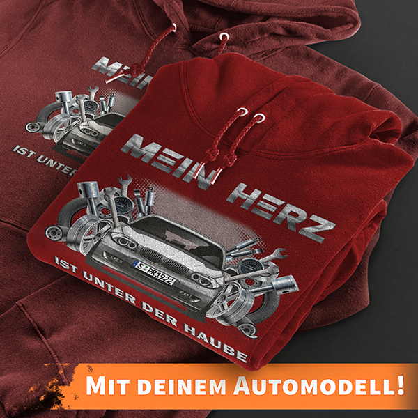 Hoodie Design mit Autosilhouette Rot-3XL Mein Herz ist unter der Haube mit deinem Automodell und Kennzeichen! Kapuzenpullover Pullover Sweatshirt Gesc