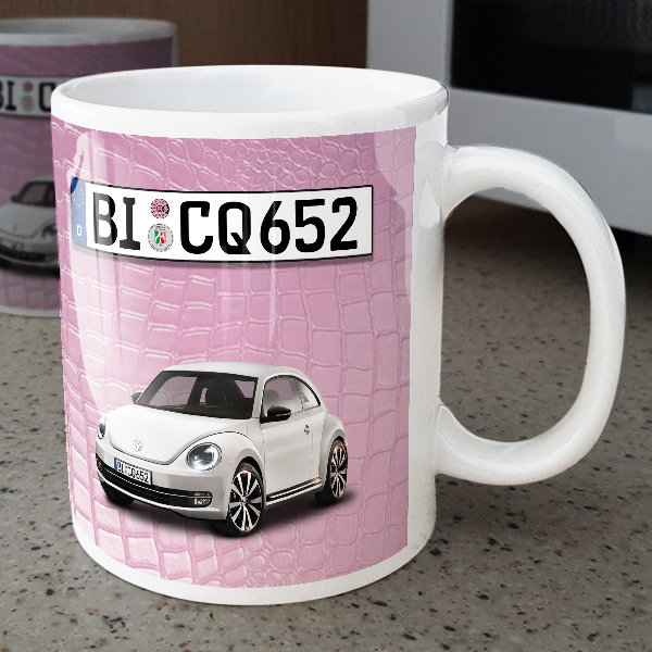 Persönliche Kaffeebecher für Frauen als Geschenk Führerschein: mit Auto, Kennzeichen bzw. Namen. Geschenkideen für Frauen, Fotogeschenke im Sortiment
