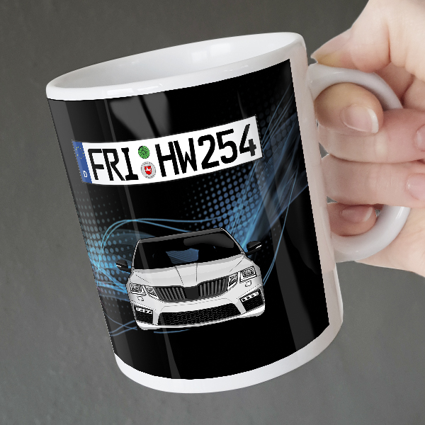 Individuell angefertigte Tasse für Frauen mit Auto u. Nummernschild bzw. eigenem Bild, Tasse mit Foto und Text. Bedruckte Tassen, Becher mit Foto
