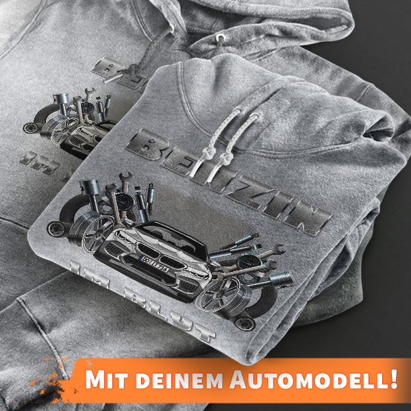 Hoodie Design mit Autosilhouette Grau-M Benzin im Blut mit deinem Automodell und Kennzeichen! Kapuzenpullover Pullover Sweatshirt Geschenk Freund Paar
