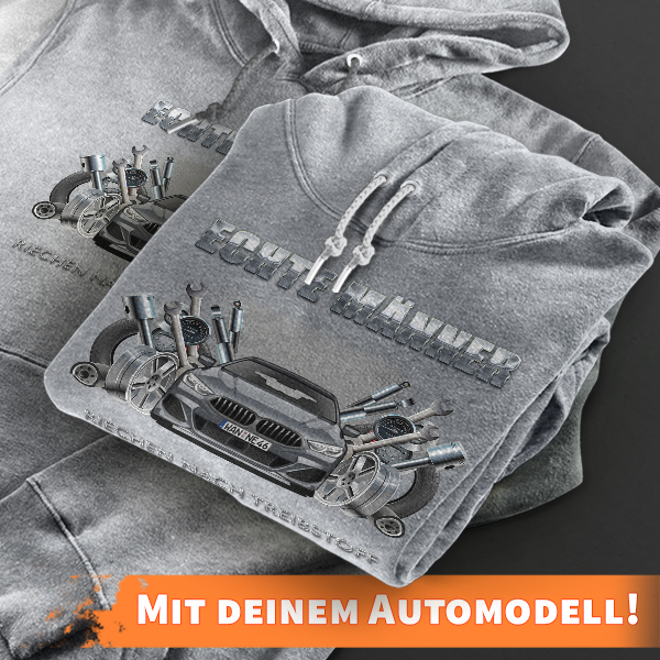 Hoodie Design mit Autosilhouette Grau-M Echte Männer riechen nach Treibstoff mit deinem Automodell und Kennzeichen! Kapuzenpullover Pullover Sweatshir
