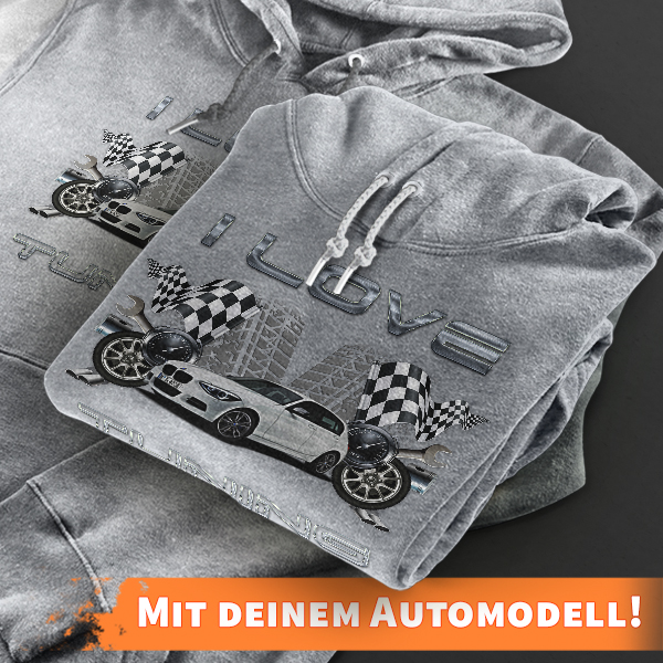 Hoodie Design mit Autosilhouette Grau-M I Love Tuning mit deinem Automodell und Kennzeichen! Kapuzenpullover Pullover Sweatshirt Geschenk Freund Paarp