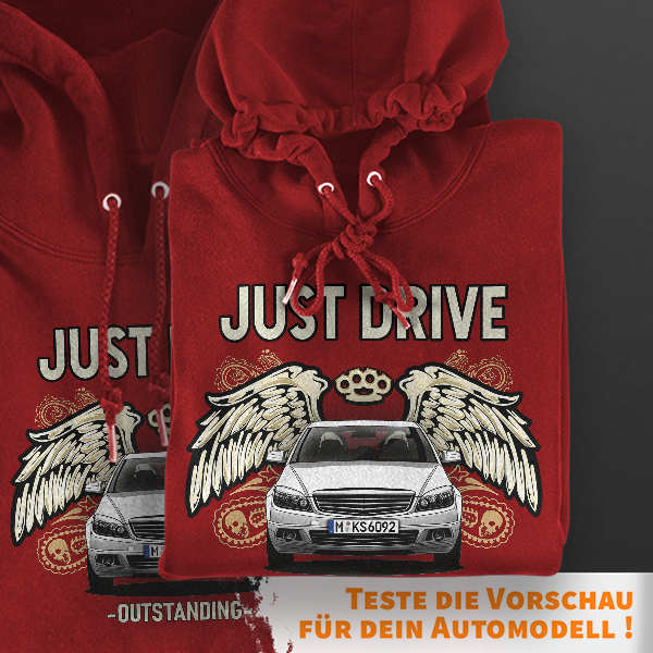 'Just Drive' Personalisierter Hoodie mit Auto-Silhouette & Kennzeichen Rot-M Motiv auswählen Selbst gestalten Kapuzenpullover Pullover Sweatshirt Ge