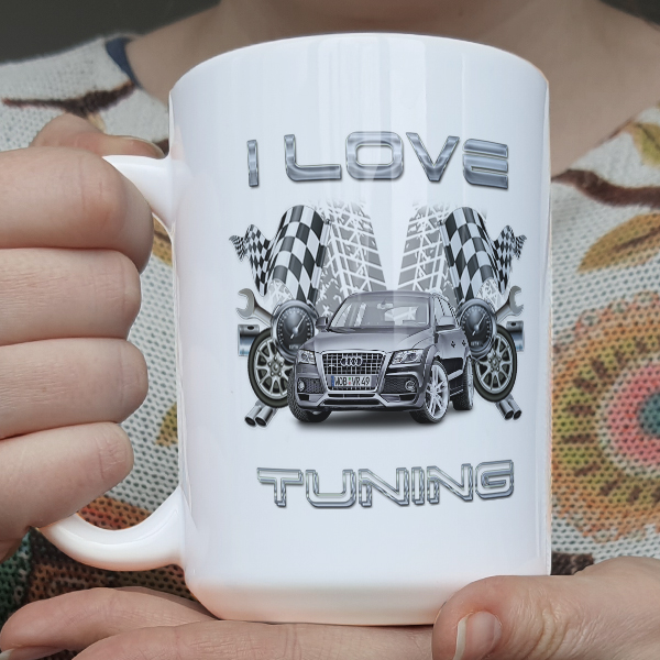 Individuell gestaltene Tasse in Größe L mit deinem Auto, Kennzeichen u. Autospruch I love tuning. - auto4style