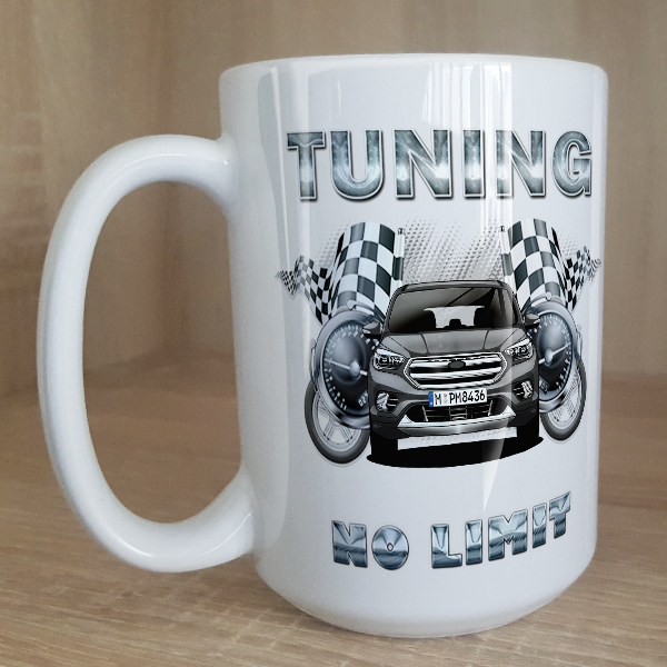 Individuell gestaltene Tasse in Größe L mit deinem Auto, Kennzeichen u. Autospruch Tuning no limit. - auto4style