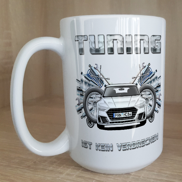 Individuell gestaltene Tasse in Größe L mit deinem Auto, Kennzeichen u. Autospruch Tuning ist kein Verbrechen. - auto4style