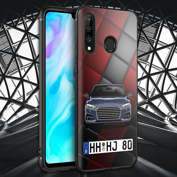 Personalisierte Handyhülle Huawei P30 Lite mit deinem Auto u. Kennzeichen mit Rot/schwarze Kacheln Hintergrund. Viele Handymodelle im Sortiment.