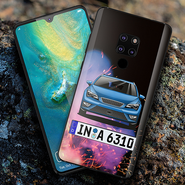 Personalisierte Handyhülle Huawei Mate 20 mit deinem Auto u. Kennzeichen mit Feuer Hintergrund. Viele Handymodelle im Sortiment. - auto4style