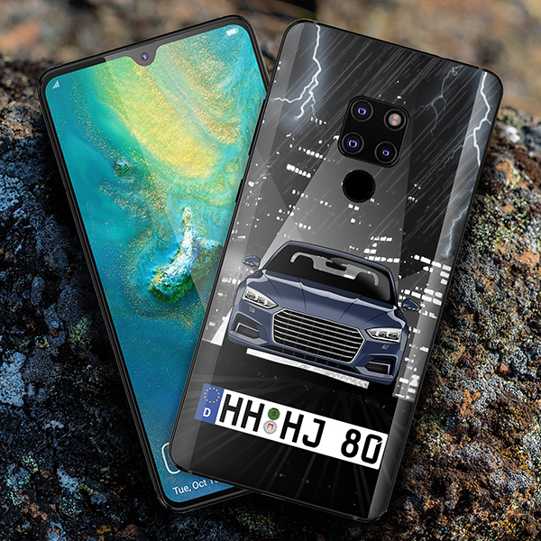 Personalisierte Handyhülle Huawei Mate 20 mit deinem Auto u. Kennzeichen mit Dunkle Stadt Hintergrund. Viele Handymodelle im Sortiment. - auto4style
