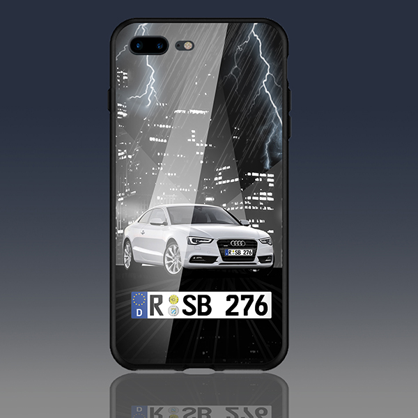 Personalisierte Handyhülle Iphone 7 Plus mit deinem Auto u. Kennzeichen mit Dunkle Stadt Hintergrund. Viele Handymodelle im Sortiment. - auto4style