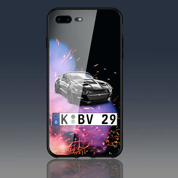 Personalisierte Handyhülle Iphone 7 Plus mit deinem Auto u. Kennzeichen mit Feuer Hintergrund. Viele Handymodelle im Sortiment. - auto4style