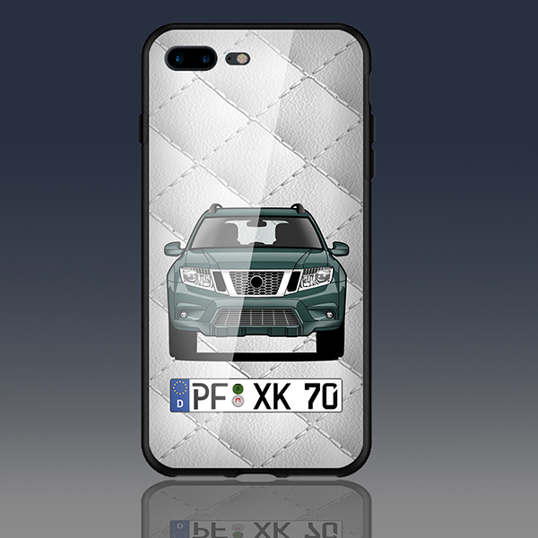 Personalisierte Handyhülle Iphone 7 Plus mit deinem Auto u. Kennzeichen mit Weißes Leder Hintergrund. Viele Handymodelle im Sortiment. - auto4style