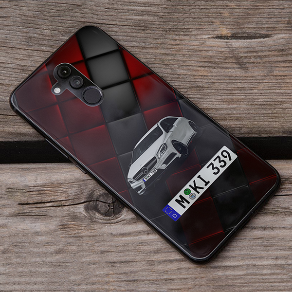 Personalisierte Handyhülle Huawei Mate 20 Lite mit deinem Auto u. Kennzeichen mit Rot/schwarze Kacheln Hintergrund. Viele Handymodelle im Sortiment.