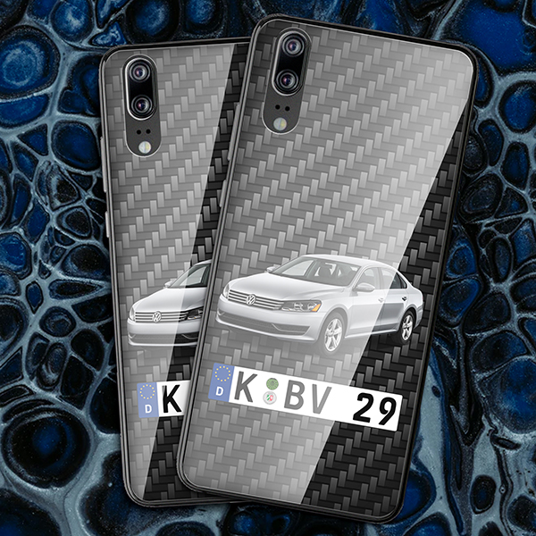 Personalisierte Handyhülle Huawei P20 mit deinem Auto u. Kennzeichen mit Carbon Hintergrund. Viele Handymodelle im Sortiment. - auto4style