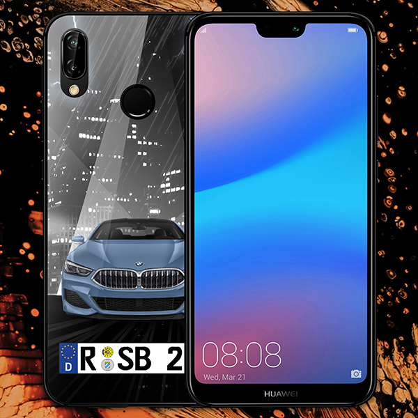 Personalisierte Handyhülle Huawei P20 Lite mit deinem Auto u. Kennzeichen mit Dunkle Stadt Hintergrund. Viele Handymodelle im Sortiment. - auto4style