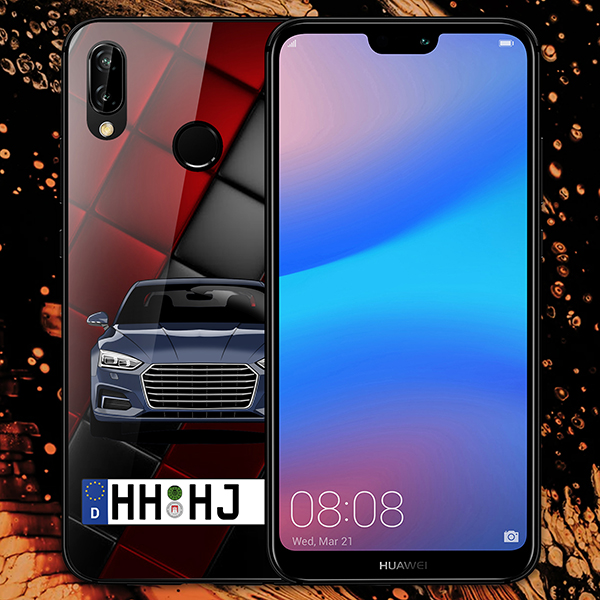 Personalisierte Handyhülle Huawei P20 Lite mit deinem Auto u. Kennzeichen mit Rot/schwarze Kacheln Hintergrund. Viele Handymodelle im Sortiment.