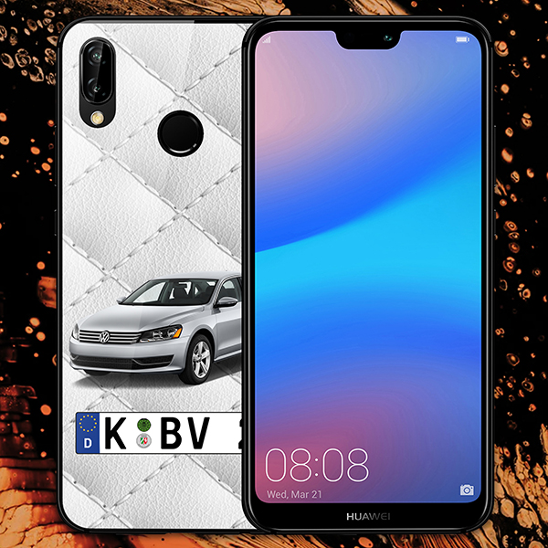Personalisierte Handyhülle Huawei P20 Lite mit deinem Auto u. Kennzeichen mit Weißes Leder Hintergrund. Viele Handymodelle im Sortiment. - auto4style