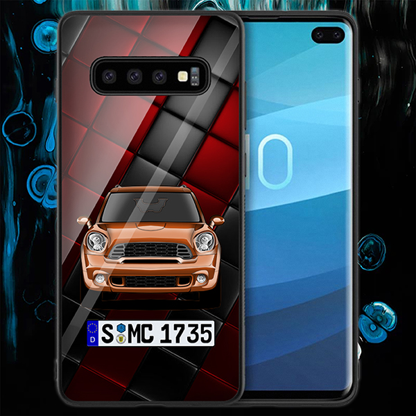 Personalisierte Handyhülle Samsung Galaxy S10+ mit deinem Auto u. Kennzeichen mit Rot/schwarze Kacheln Hintergrund. Viele Handymodelle im Sortiment