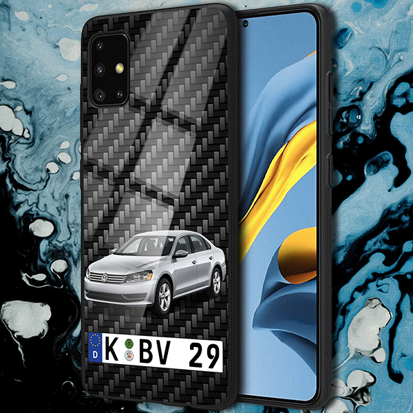 Personalisierte Handyhülle Samsung Galaxy A51 mit deinem Auto u. Kennzeichen mit Carbon Hintergrund. Viele Handymodelle im Sortiment. - auto4style