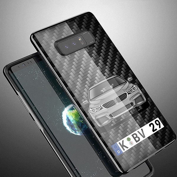 Personalisierte Handyhülle Samsung Galaxy Note 8 mit deinem Auto u. Kennzeichen mit Carbon Hintergrund. Viele Handymodelle im Sortiment. - auto4style