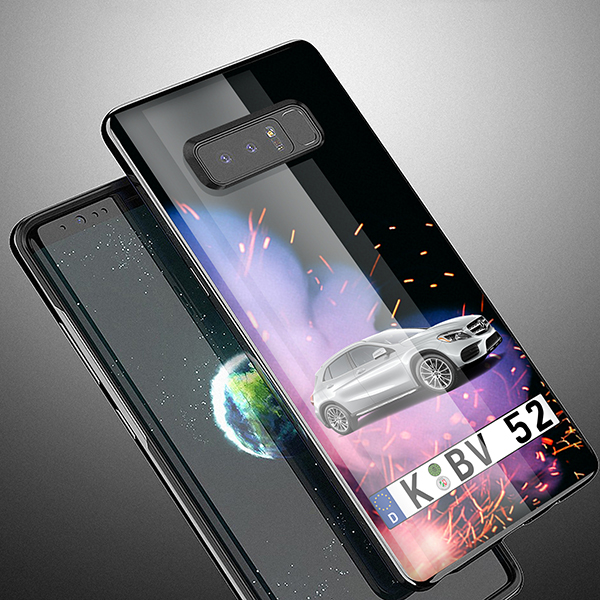Personalisierte Handyhülle Samsung Galaxy Note 8 mit deinem Auto u. Kennzeichen mit Feuer Hintergrund. Viele Handymodelle im Sortiment. - auto4style