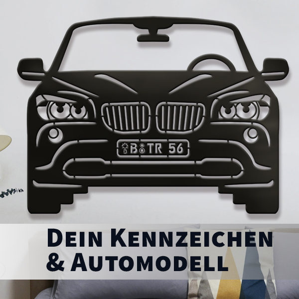 Garagen Dekoration Schwarz Gepulvert-XXL mit deinem Automodell und Kennzeichen! Teste jetzt die Vorschau! - auto4style