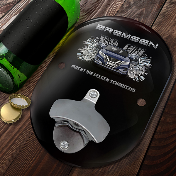 Personalisierter Oval Wand-Flaschenöffner mit deinem Auto u. Kennzeichen mit Autospruch Bremsen macht die Felgen schmutzig. - auto4style
