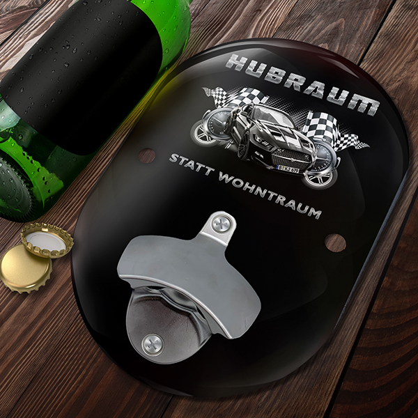 Personalisierter Oval Wand-Flaschenöffner mit deinem Auto u. Kennzeichen mit Autospruch Hubraum statt Wohntraum. - auto4style