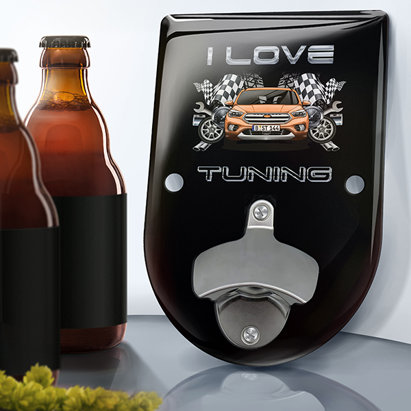 Personalisierter Standard Wand-Flaschenöffner mit deinem Auto u. Kennzeichen mit Autospruch I love tuning. - auto4style