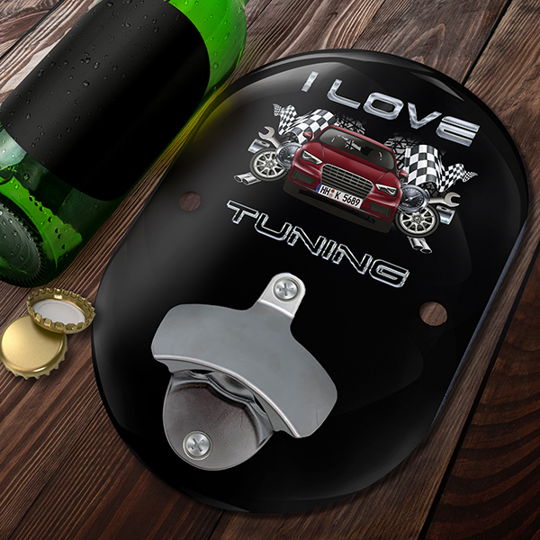 Personalisierter Oval Wand-Flaschenöffner mit deinem Auto u. Kennzeichen mit Autospruch I love tuning. - auto4style