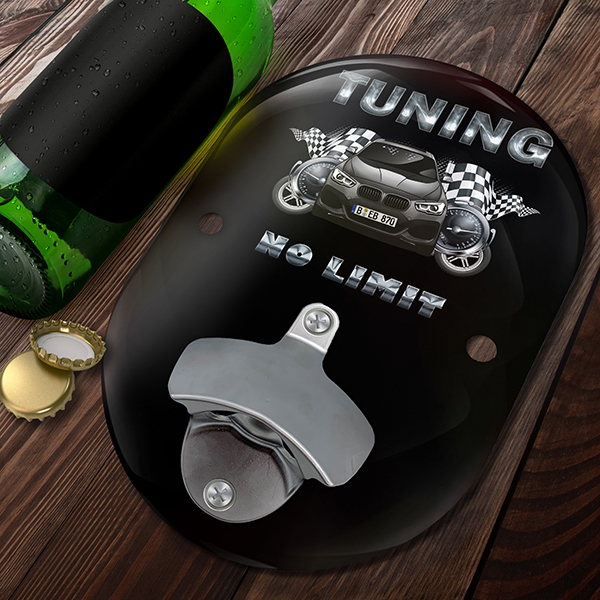 Personalisierter Oval Wand-Flaschenöffner mit deinem Auto u. Kennzeichen mit Autospruch Tuning no limit. - auto4style