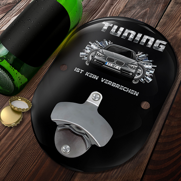 Personalisierter Oval Wand-Flaschenöffner mit deinem Auto u. Kennzeichen mit Autospruch Tuning ist kein Verbrechen. - auto4style