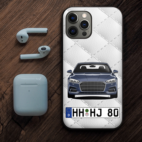 Persönliche Handyhülle Iphone 12 Pro Max mit deinem Auto u. Nummernschild mit Weißes Leder Hintergrund. Viele Handymodelle im Sortiment. - auto4style