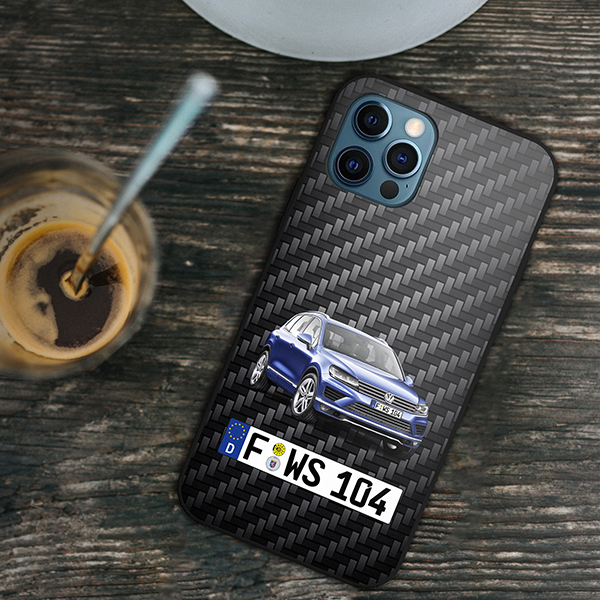 Persönliche Handyhülle Iphone 12 Pro mit deinem Auto u. Nummernschild mit Carbon Hintergrund. Viele Handymodelle im Sortiment. - auto4style