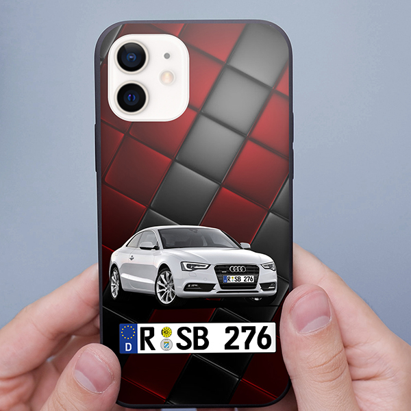 Persönliche Handyhülle Iphone 12 mit deinem Auto u. Nummernschild mit Rot/schwarze Kacheln Hintergrund. Viele Handymodelle im Sortiment. - auto4style