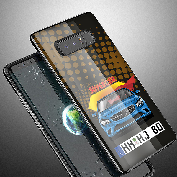 Personalisierte Handyhülle Samsung Galaxy Note 8 mit deinem Auto u. Kennzeichen im Design Comic. Viele Handymodelle im Sortiment. - auto4style